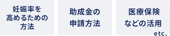 妊娠率を高めるための方法 助成金の申請方法 医療保険などの活用 etc.