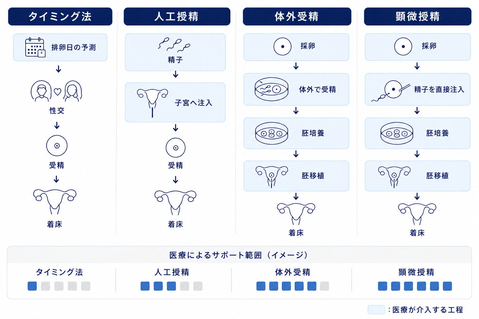 不妊治療は、受精までをどこまで医療でサポートするかによって治療法が異なります。