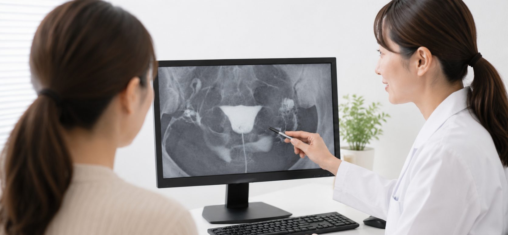 Doctor in a white coat points at a pelvic X-ray on a computer monitor while explaining to a patient.